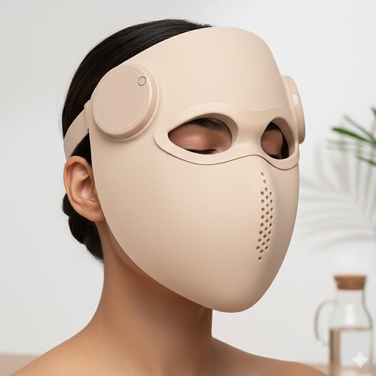 Person wearing a beige futuristic face mask with almond-shaped eye openings and adjustable ear straps